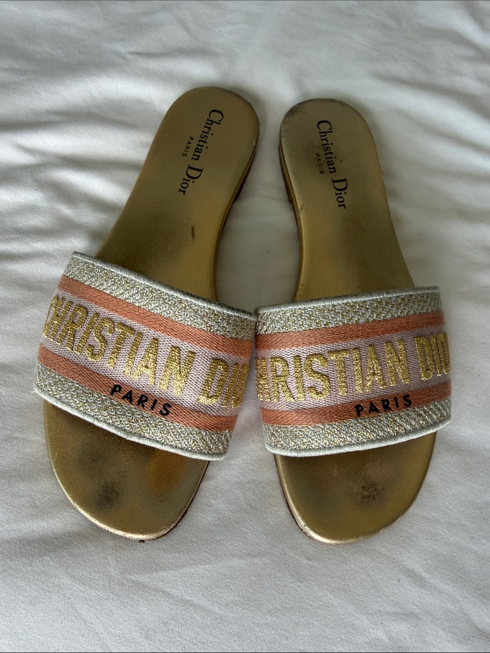 Dior Gold and Pink Embroidered Slide Sandals